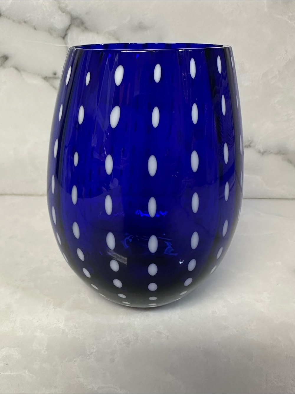 Zodax Art Deco Mavi Cobalt Blue Stemless Wine Goblet Ribs of Opal Dots
